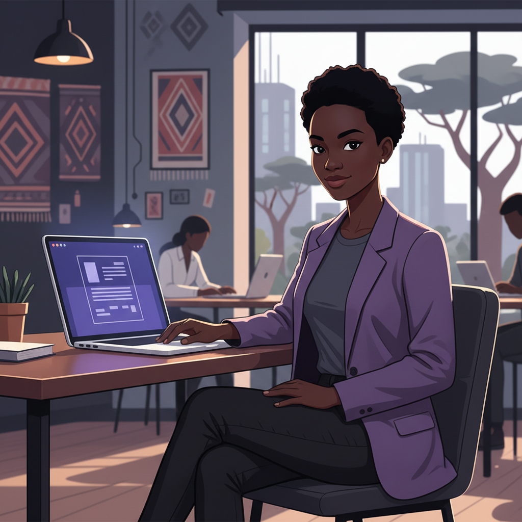 A young professional in a casual outfit looking confidently at a document on a l
