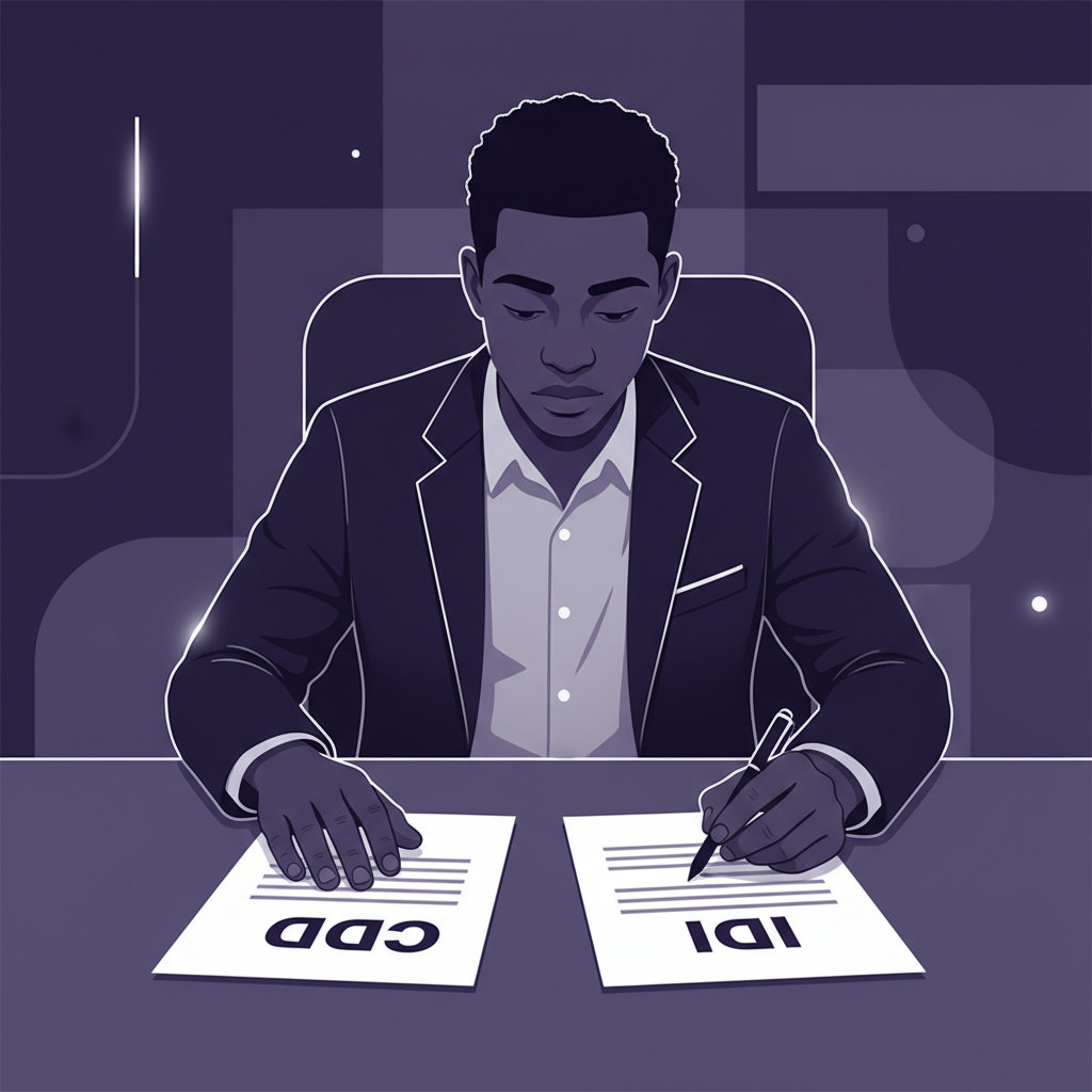 A young African professional looking thoughtfully at two contract papers labeled