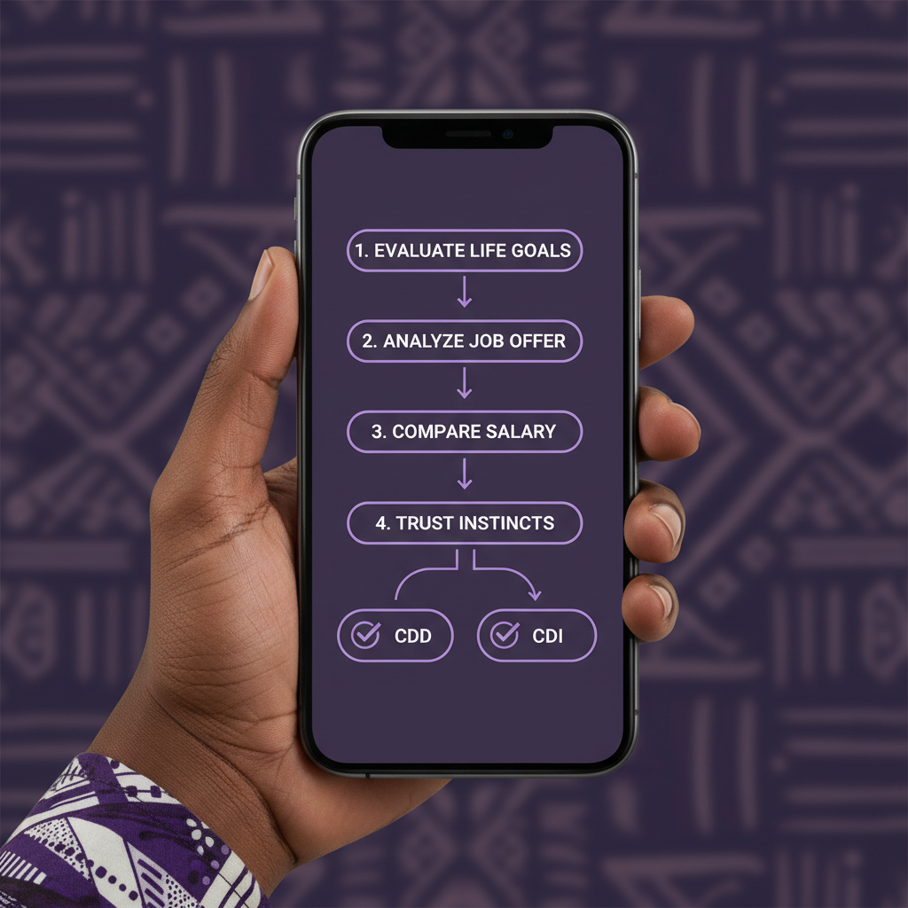 A flowchart on a mobile phone showing steps: 1. Evaluate Life Goals 2. Analyze J