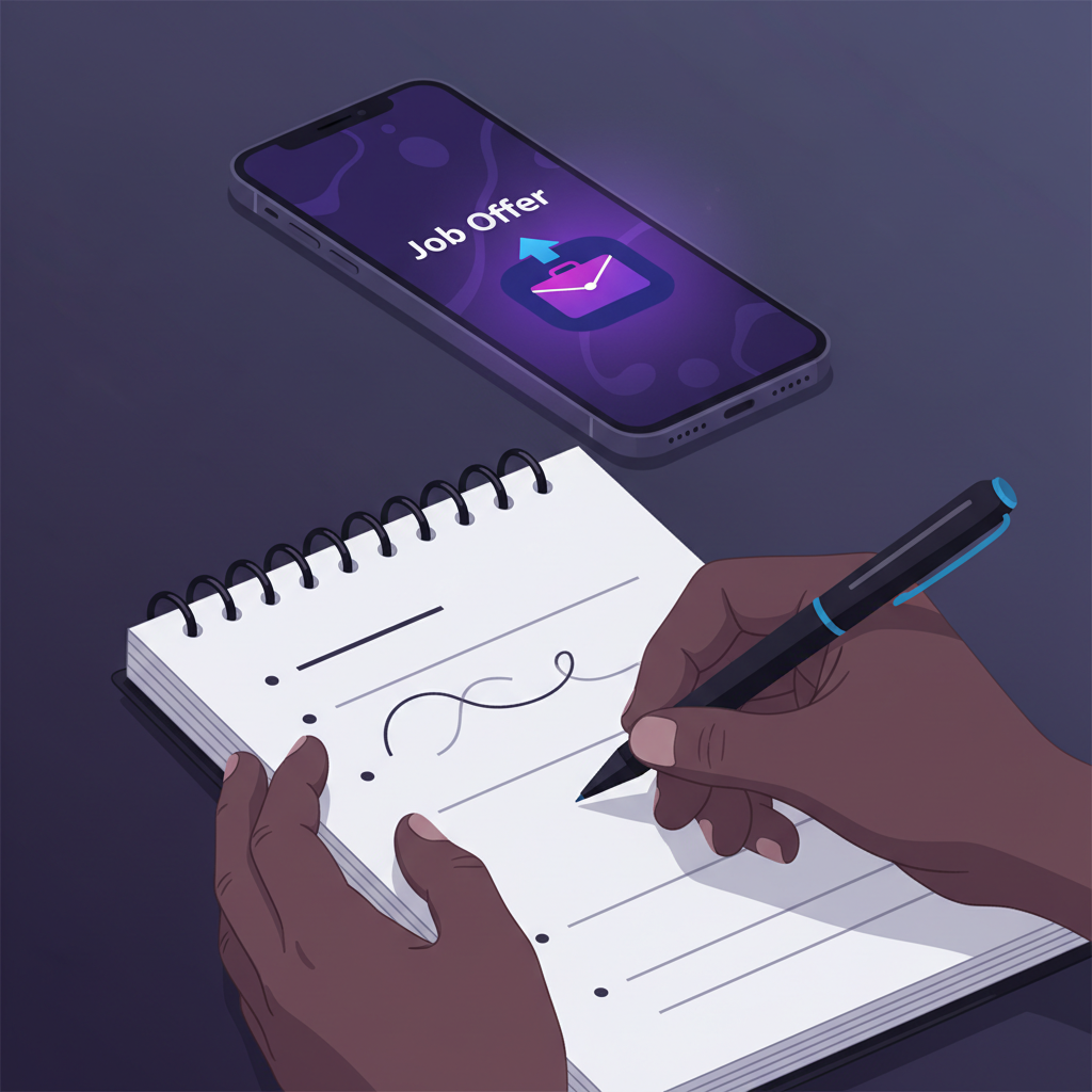 Close-up of a person's hands taking notes in a notebook during an interview, wit