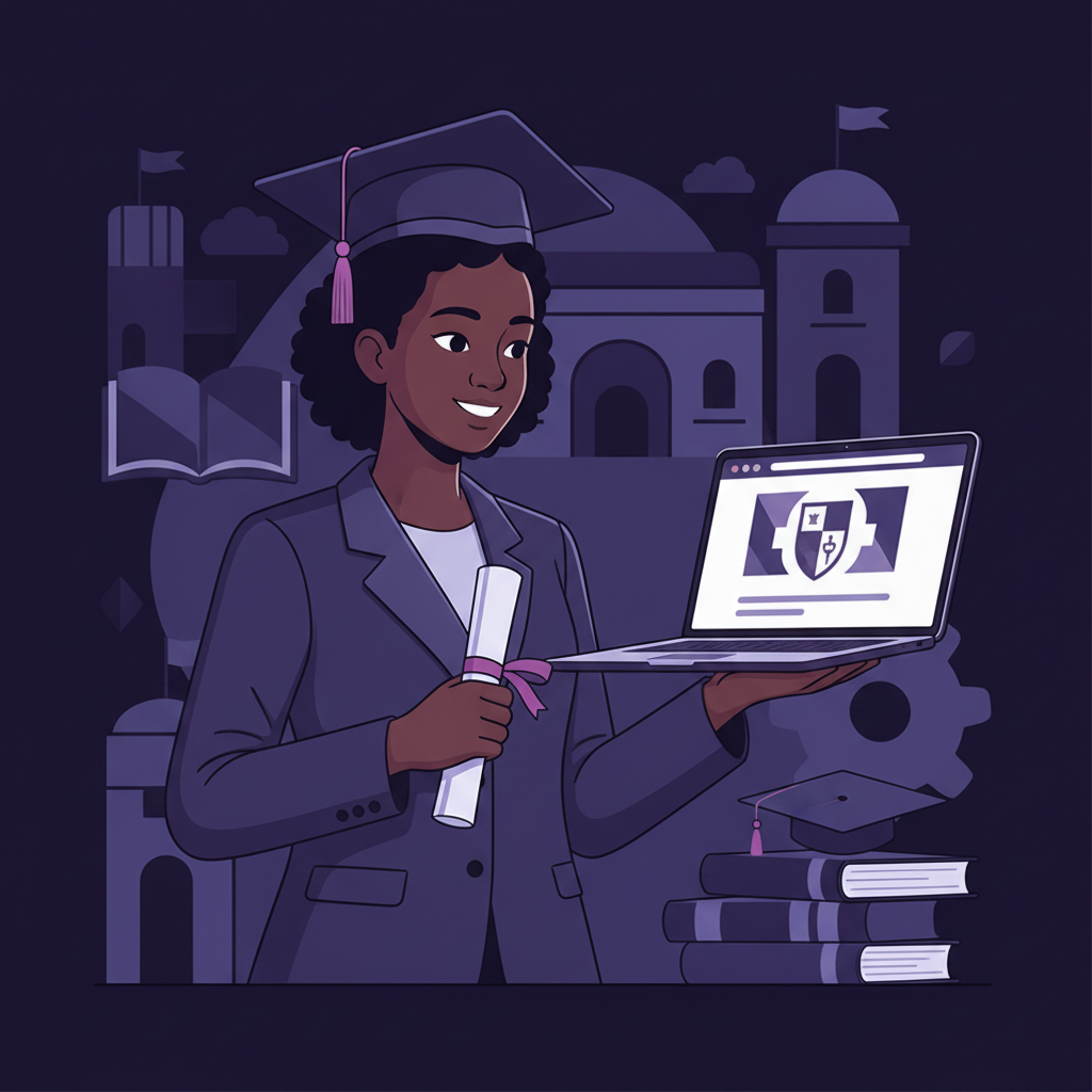 Young African graduate holding a diploma, looking at a laptop screen showing the