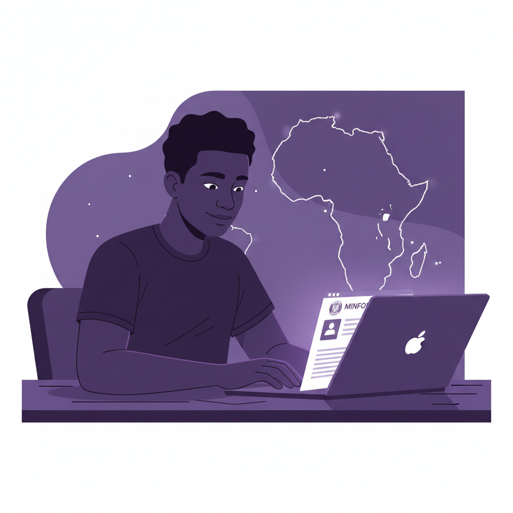 A young person in Cameroon looking at a laptop screen showing the MINFOPRA websi