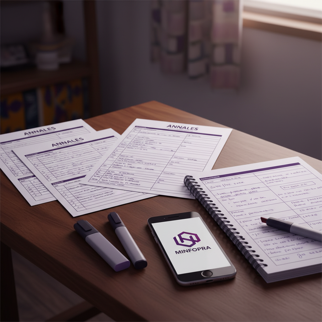 Close-up of a study desk in Cameroon with open past exam papers (annales), highl