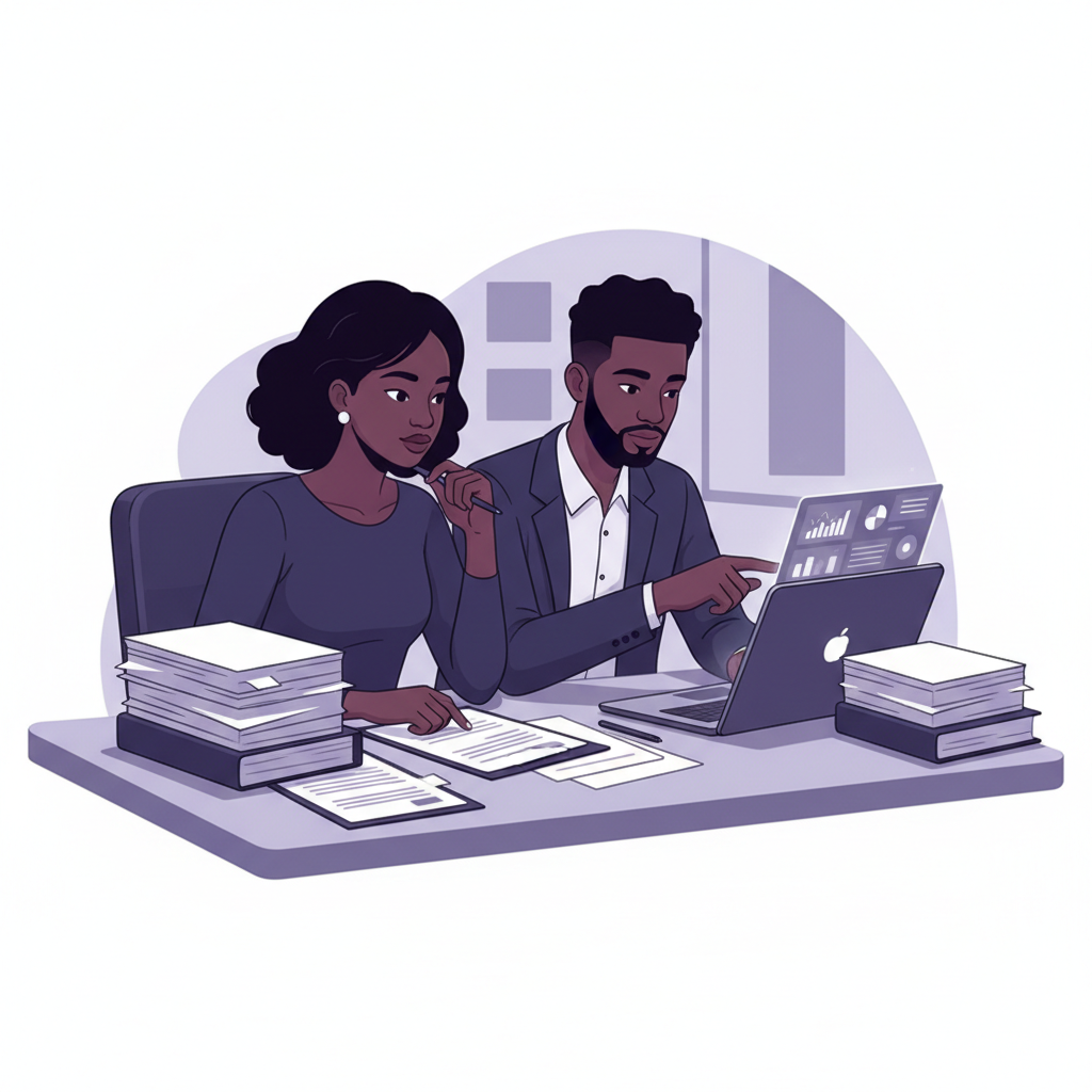 Young West African man and woman studying documents and looking at a laptop scre