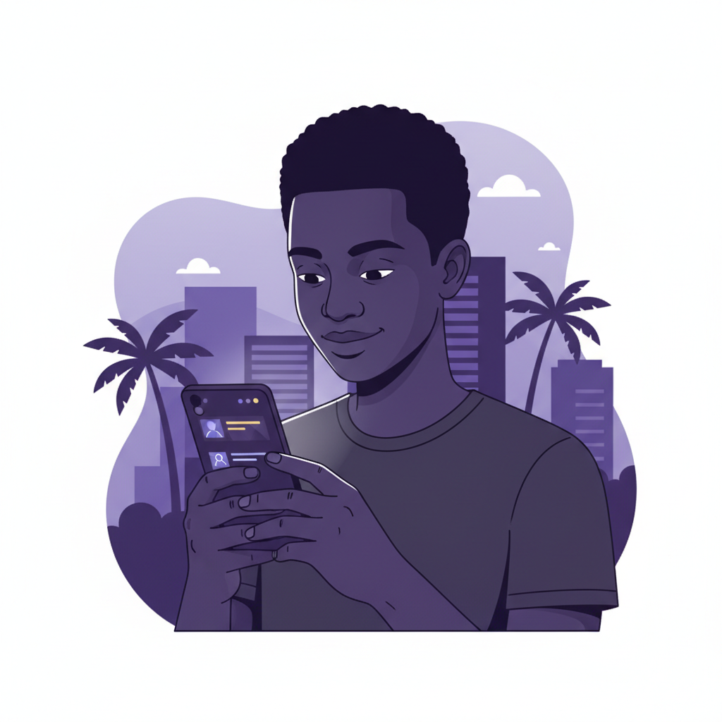 A young person in Lomé looking at a smartphone with a government website open, l