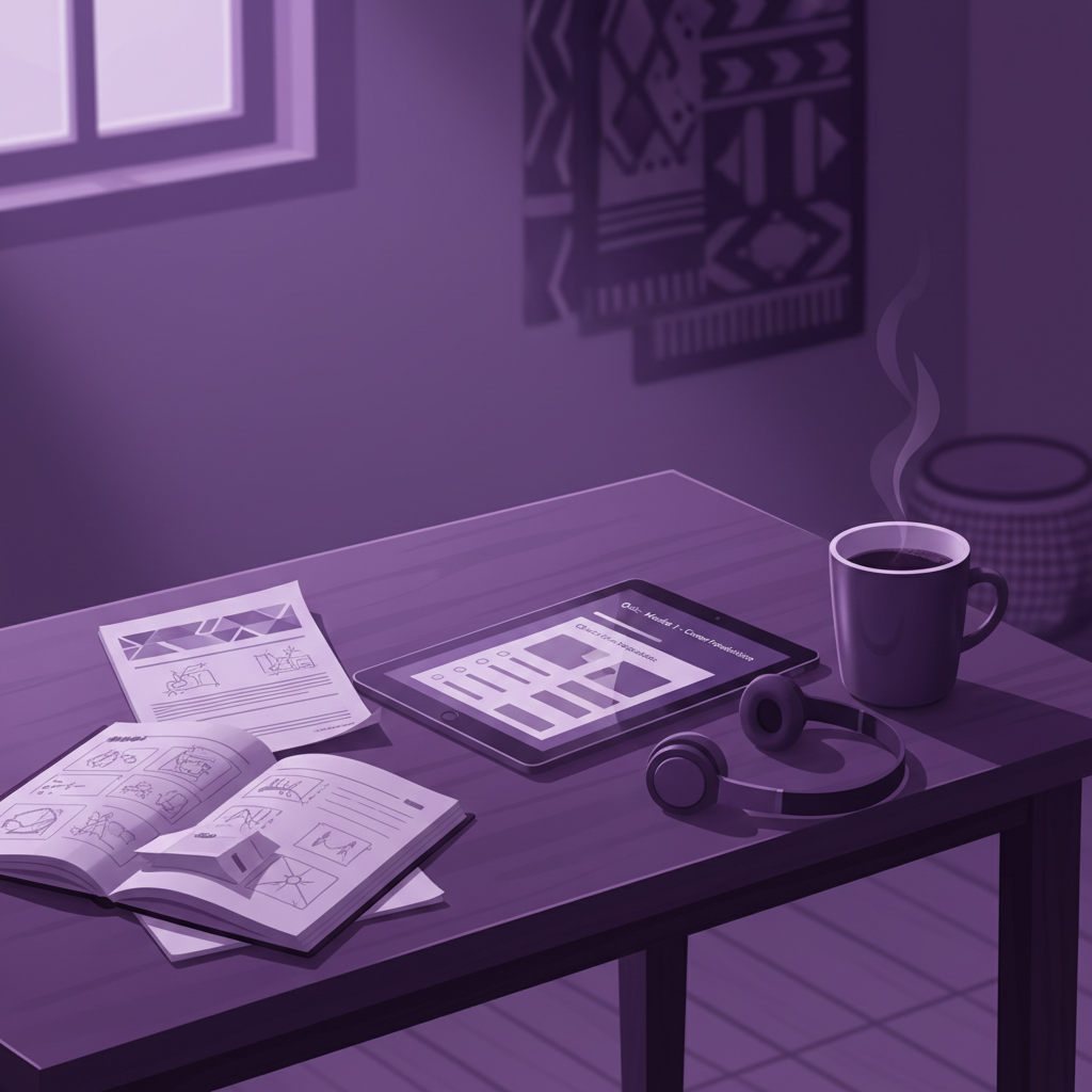 A study desk in a Togolese home with open notebooks, a printed syllabus, a table