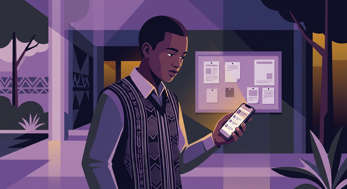 Young Burkinabe graduate checking a public service competition notice on a phone