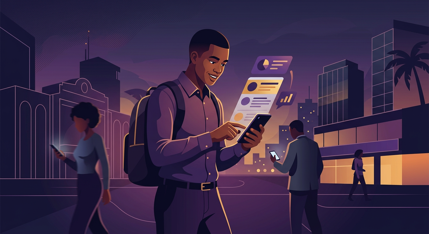 Young Gabonese graduate checking a public service recruitment notice on a smartp