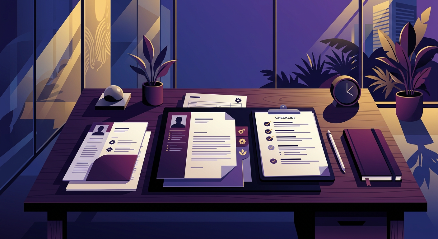 Neatly arranged application documents and a checklist on a desk in Gabon