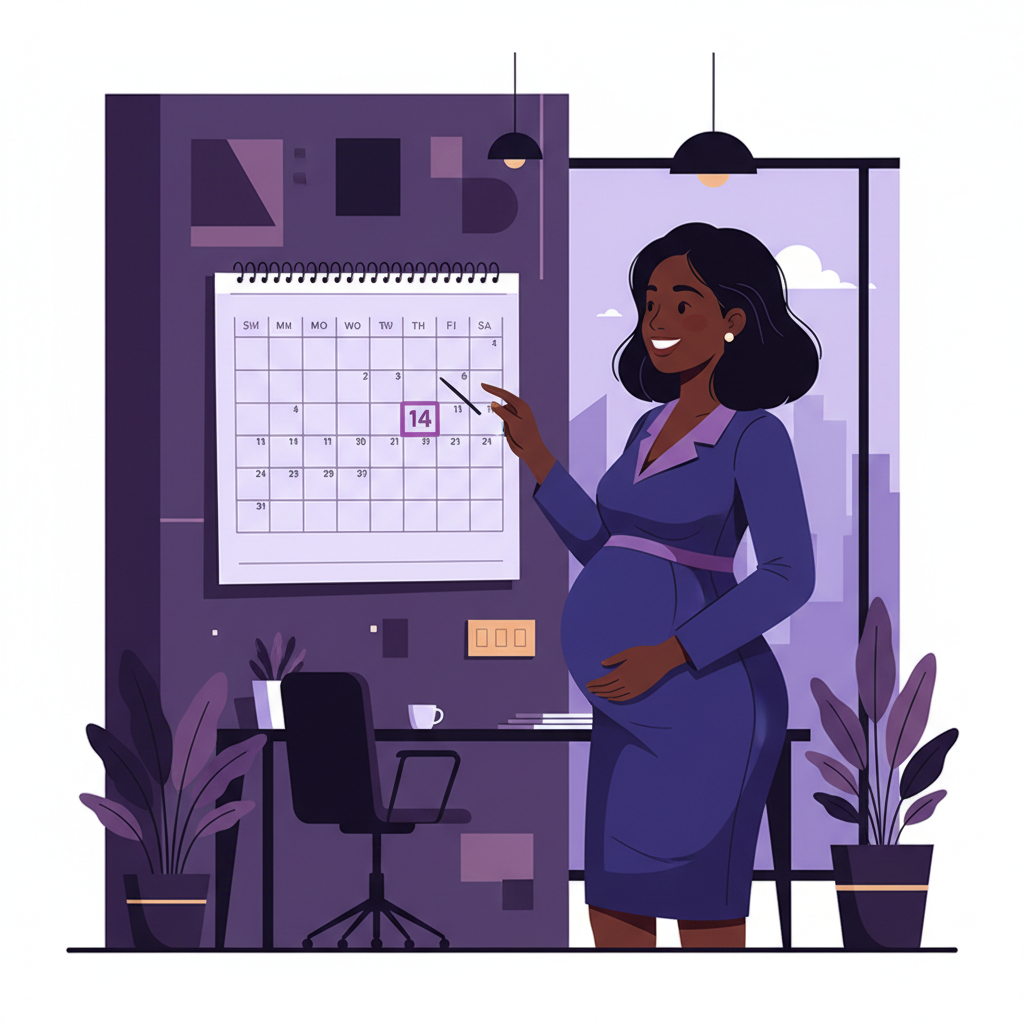 A happy pregnant woman in an office setting in Abidjan, looking at a calendar wi