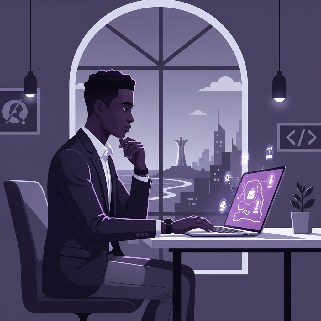 A young person in a professional setting in Dakar looking at a laptop screen wit