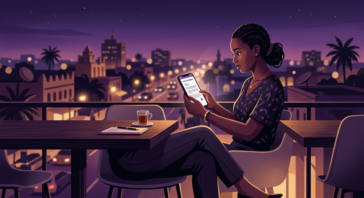 Young job seeker in Bamako drafting a cover letter on a smartphone