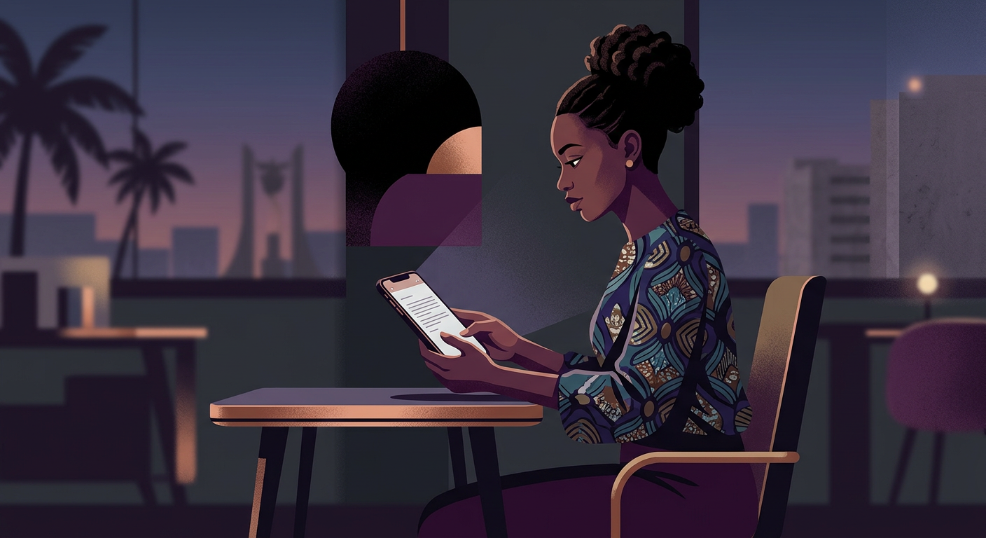 Young job seeker in Lomé drafting a job application letter on a smartphone