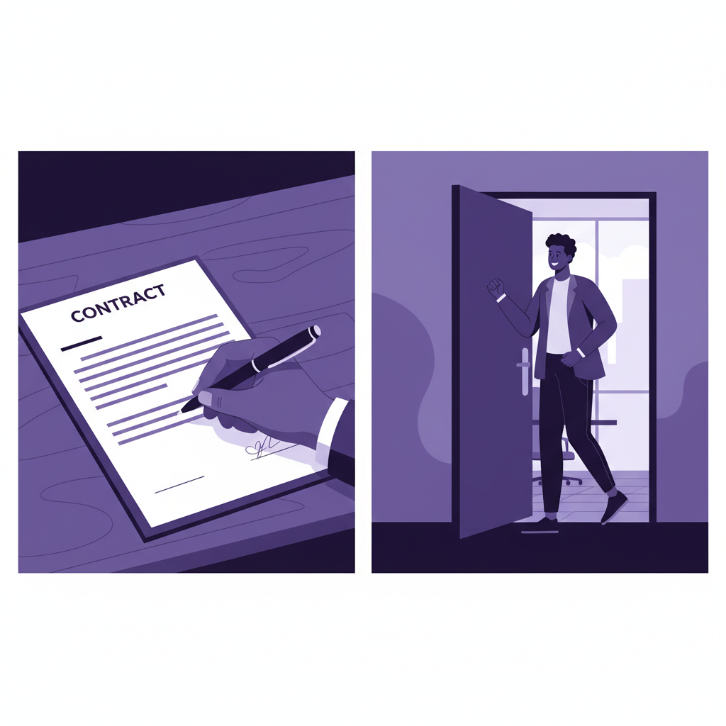 A split screen showing a hand signing a contract on one side, and a person happi