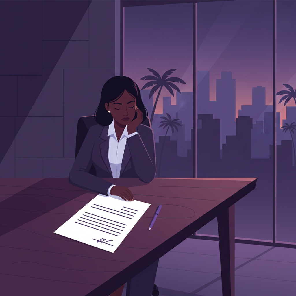 A person in an office in Abidjan looking thoughtfully at a resignation letter on