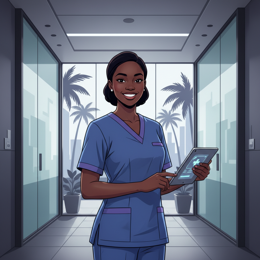 A young, professional nurse in blue scrubs smiling confidently, holding a tablet