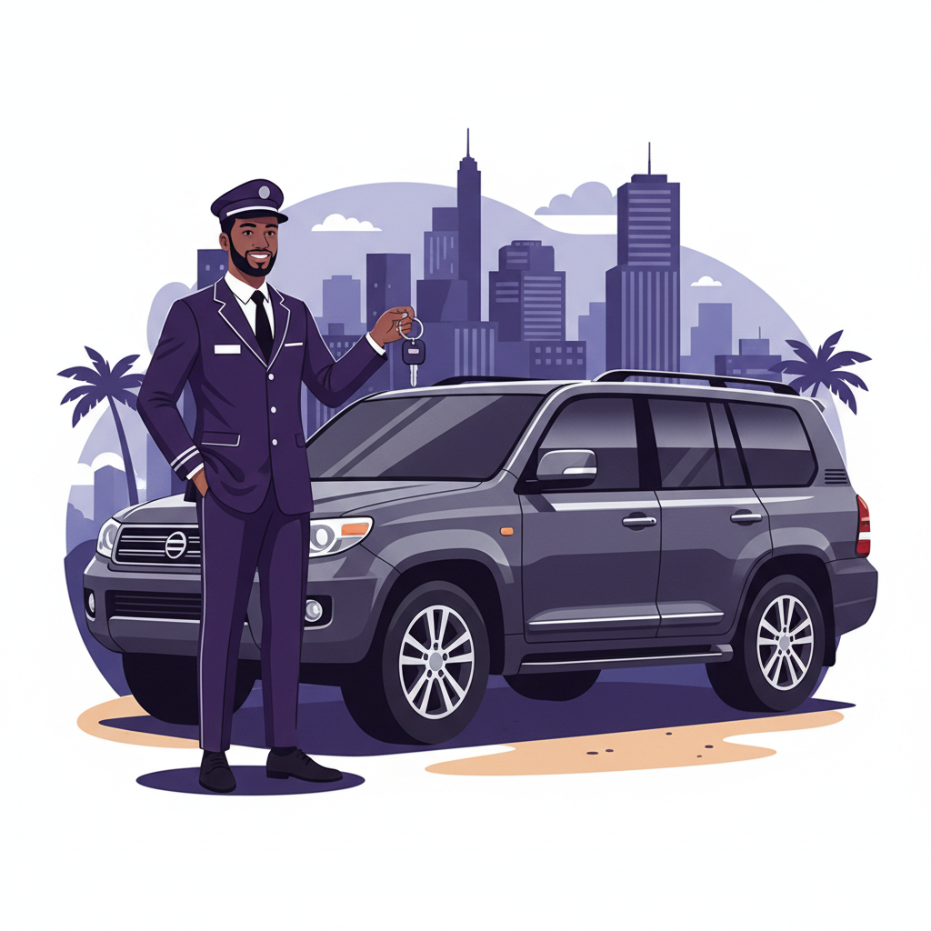 A professional driver in a neat uniform, holding keys, standing by a clean 4x4 v