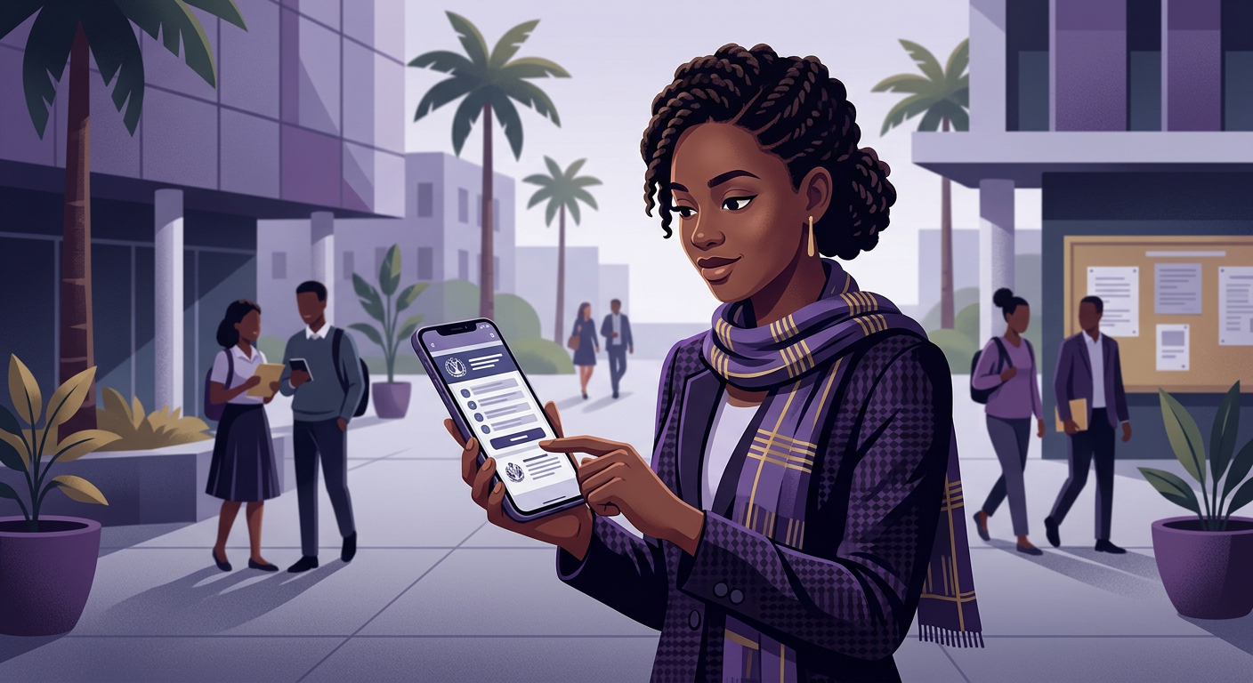 Young Guinean graduate checking an official recruitment notice on a smartphone