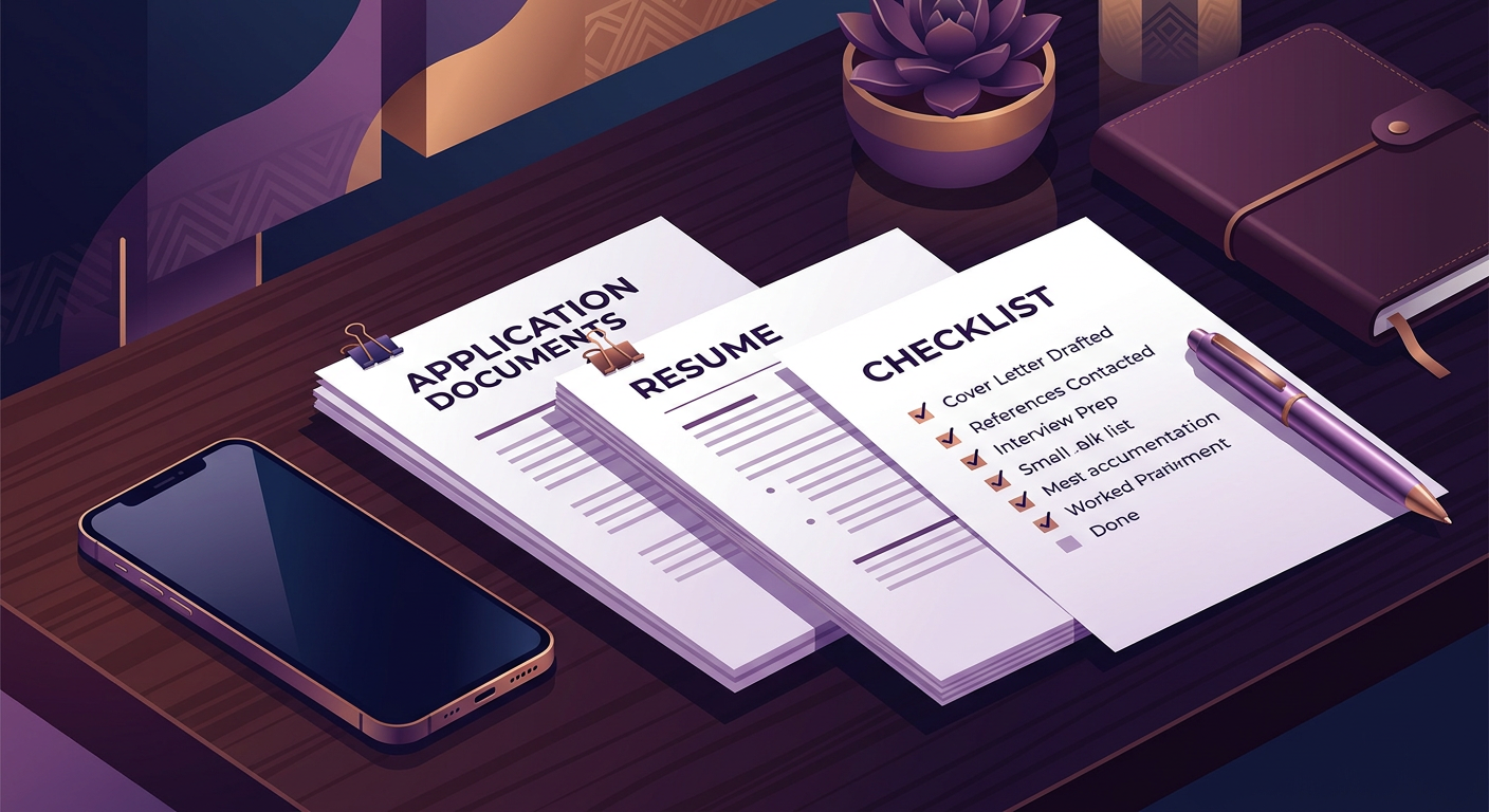 Smartphone beside neatly organized application documents and a checklist