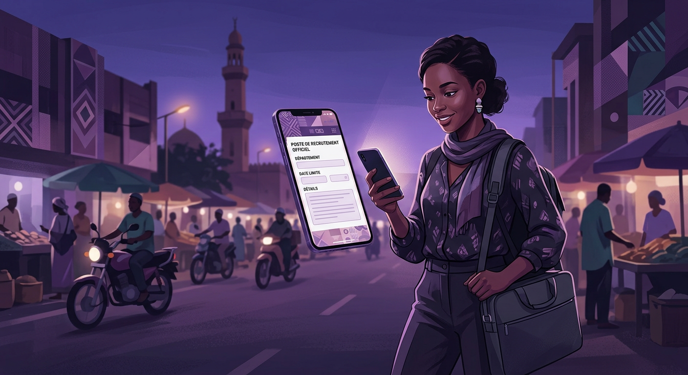 Young job seeker in Niamey checking an official recruitment notice on a smartpho