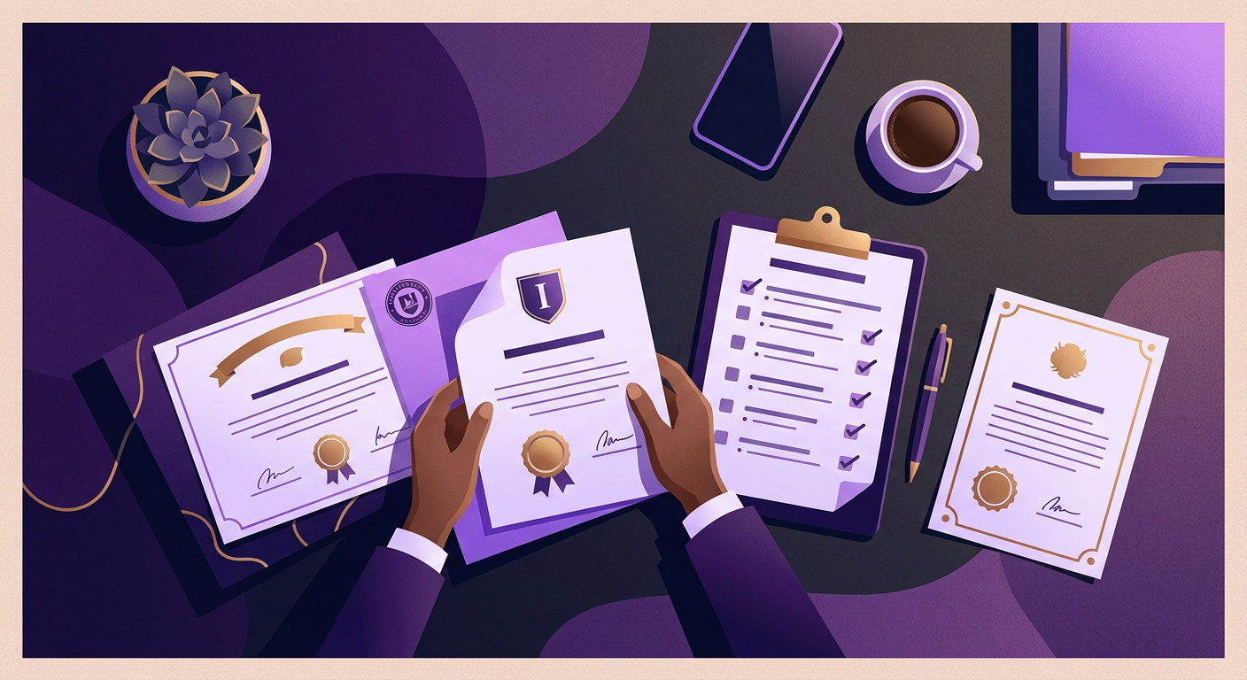 Applicant organizing diploma copies and a checklist beside an official notice