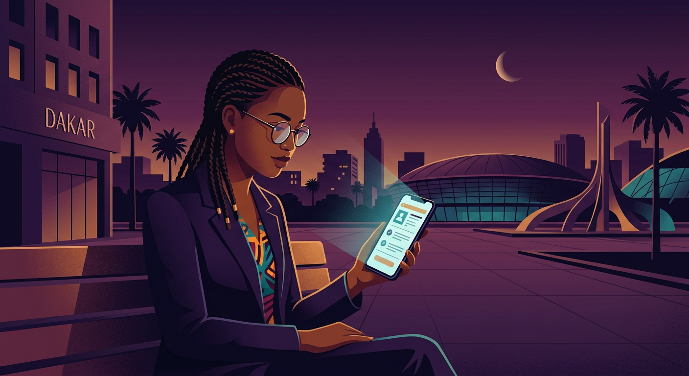 Young Senegalese graduate checking an official recruitment notice on a smartphon