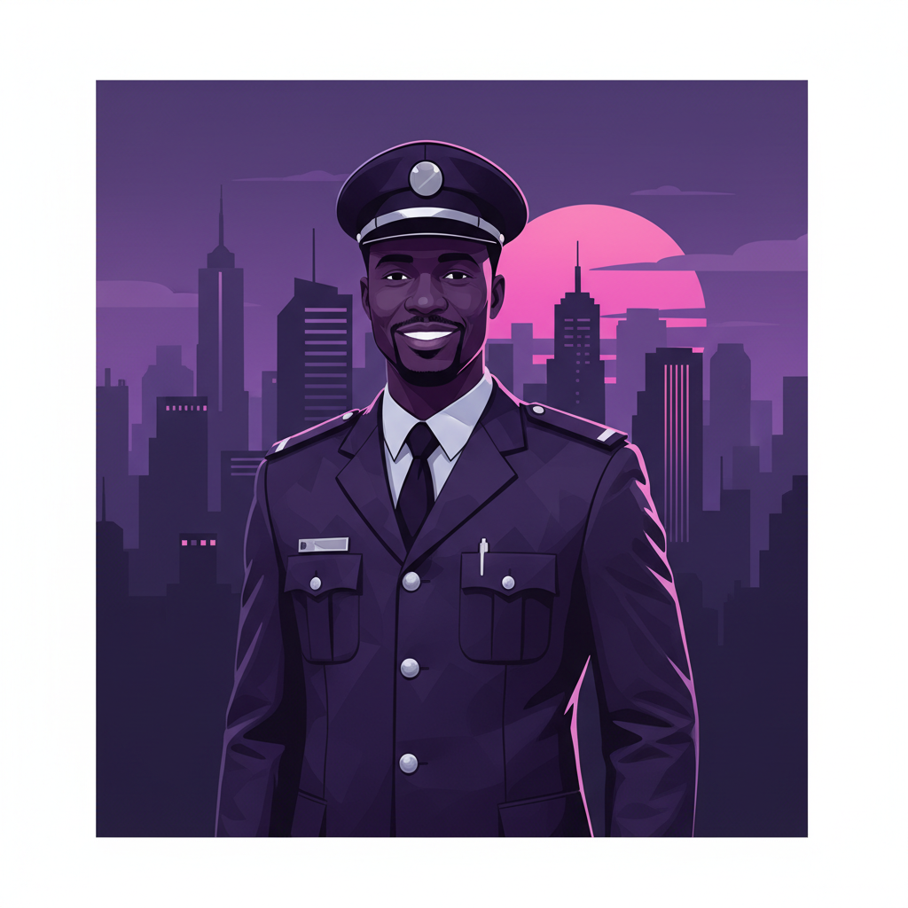 A professional security agent in uniform smiling confidently, Dakar skyline in b