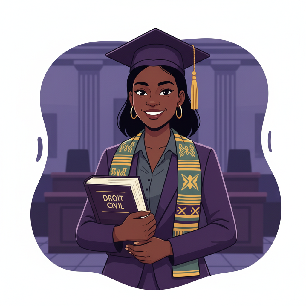 A young Black law graduate in Cameroon smiling confidently, holding a legal book