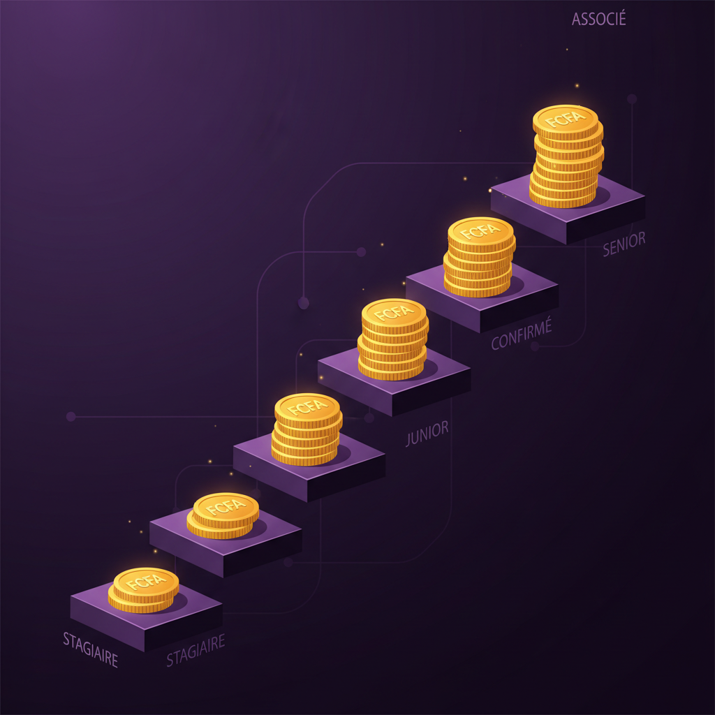 An infographic showing a salary progression ladder from Stagiaire to Associé, wi