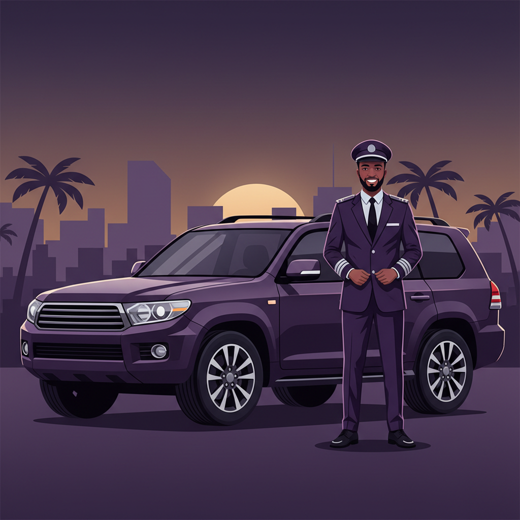 A professional driver in a uniform smiling, standing next to a clean 4x4 vehicle