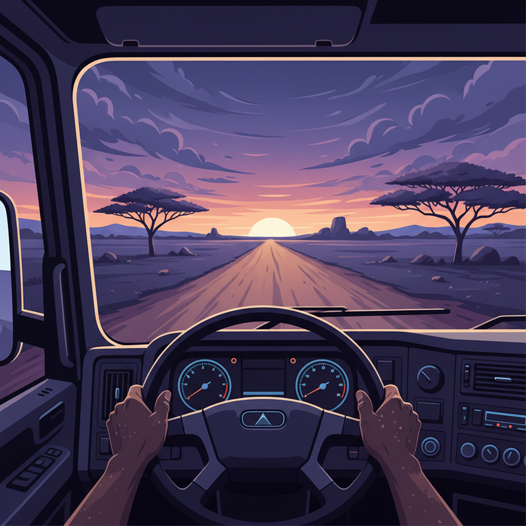 Close-up of a driver's hands on the steering wheel of a large truck, with the ro