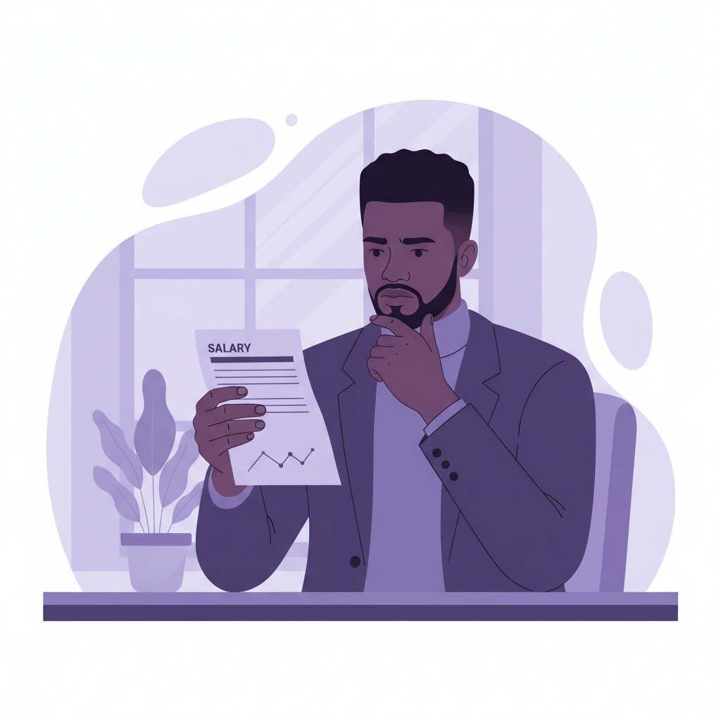 A young African professional in an office looking thoughtfully at a salary paysl