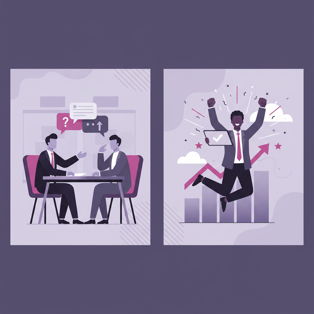 A split screen showing a salary negotiation on one side and a person celebrating