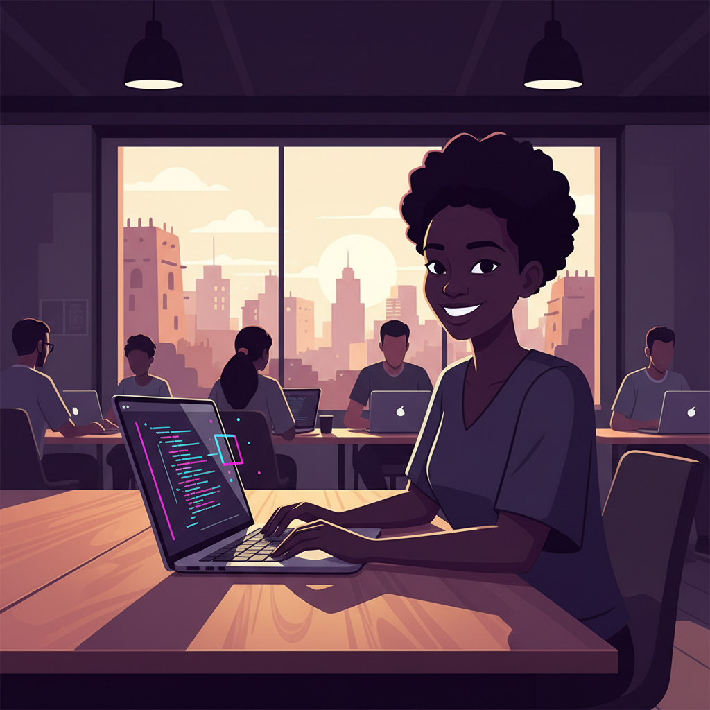 A young African developer smiling while working on a laptop in a modern co-worki