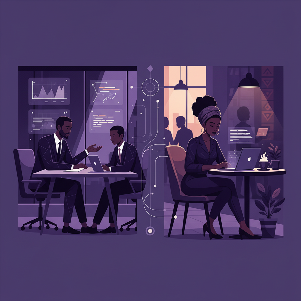 A split screen showing a developer negotiating at a meeting on one side and a fr