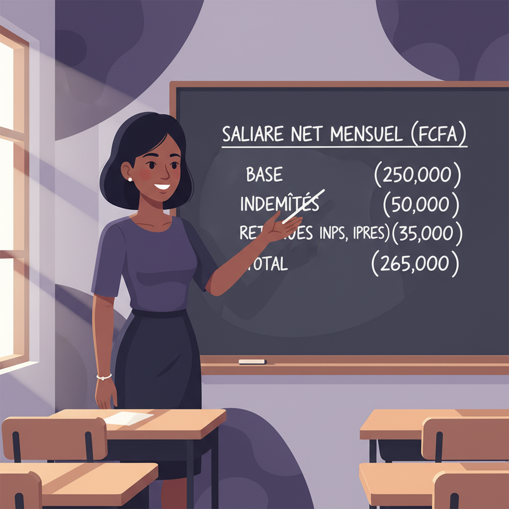 A young teacher smiling in a classroom in Dakar, pointing at a chalkboard with s