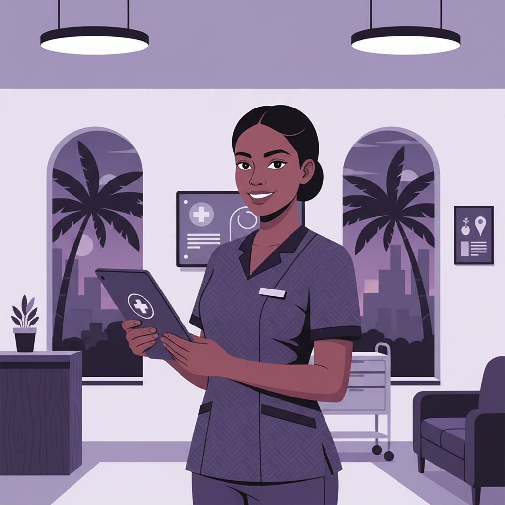 A young, professional nurse in scrubs smiling confidently, holding a tablet, in 