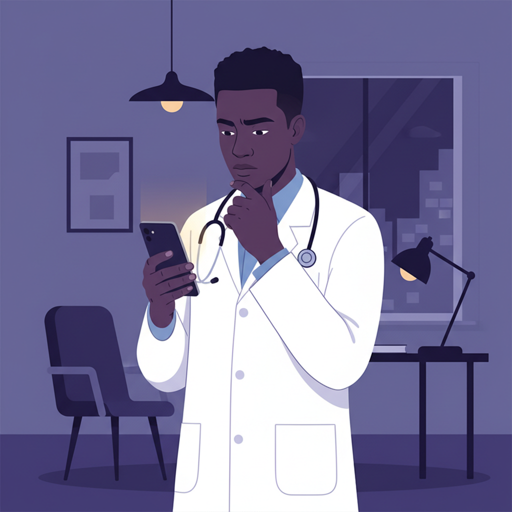 A young West African doctor in a white coat looking thoughtfully at a payslip on