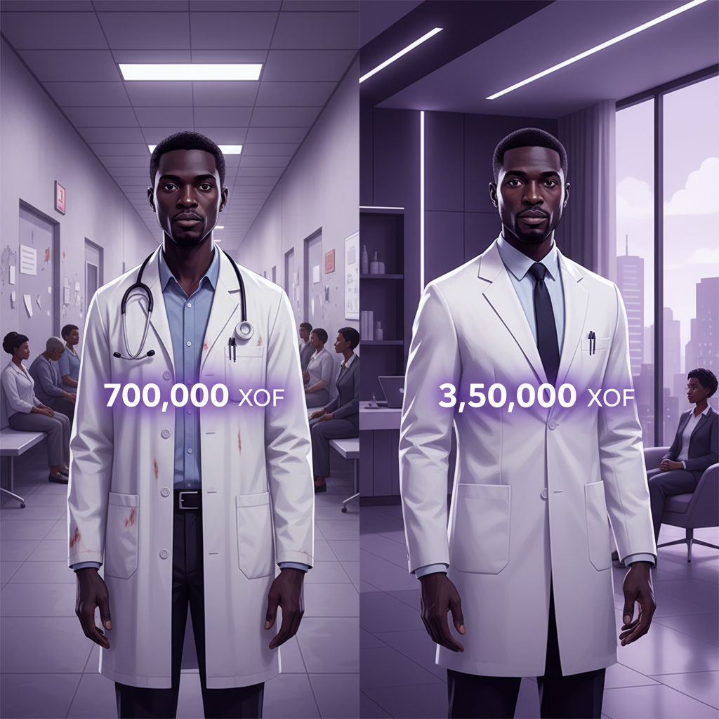 A split-screen visual: left side shows a doctor in a public hospital setting, ri
