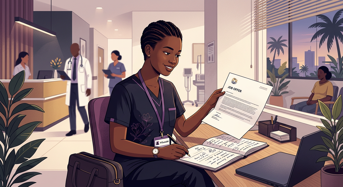 Young nurse reviewing a job offer and a notebook in an Abidjan clinic