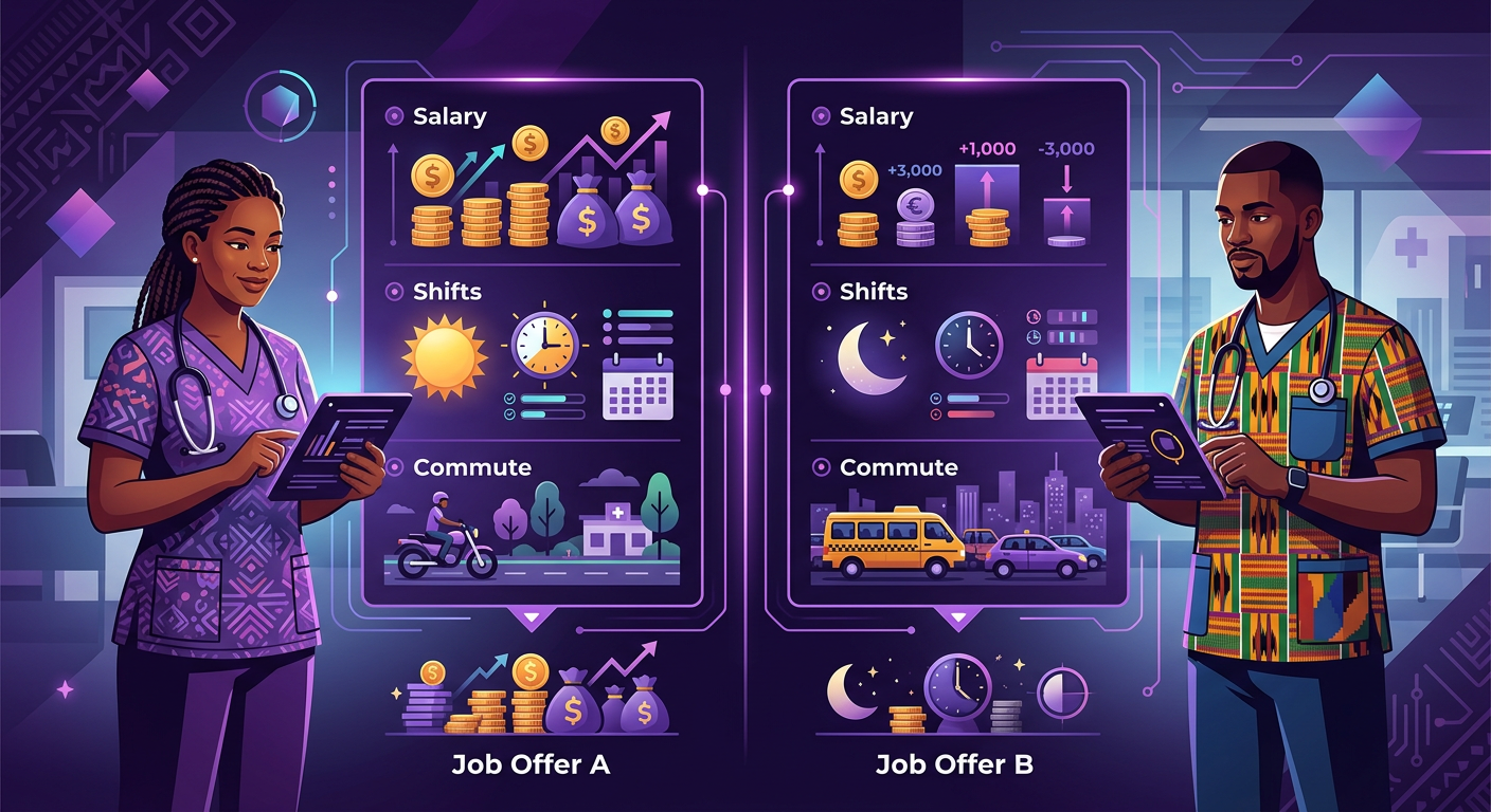 Side-by-side comparison of two nursing job offers with salary, shifts and commut