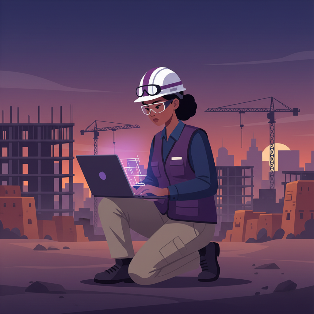 A young engineer in a hard hat looking at a laptop on a construction site in Bam