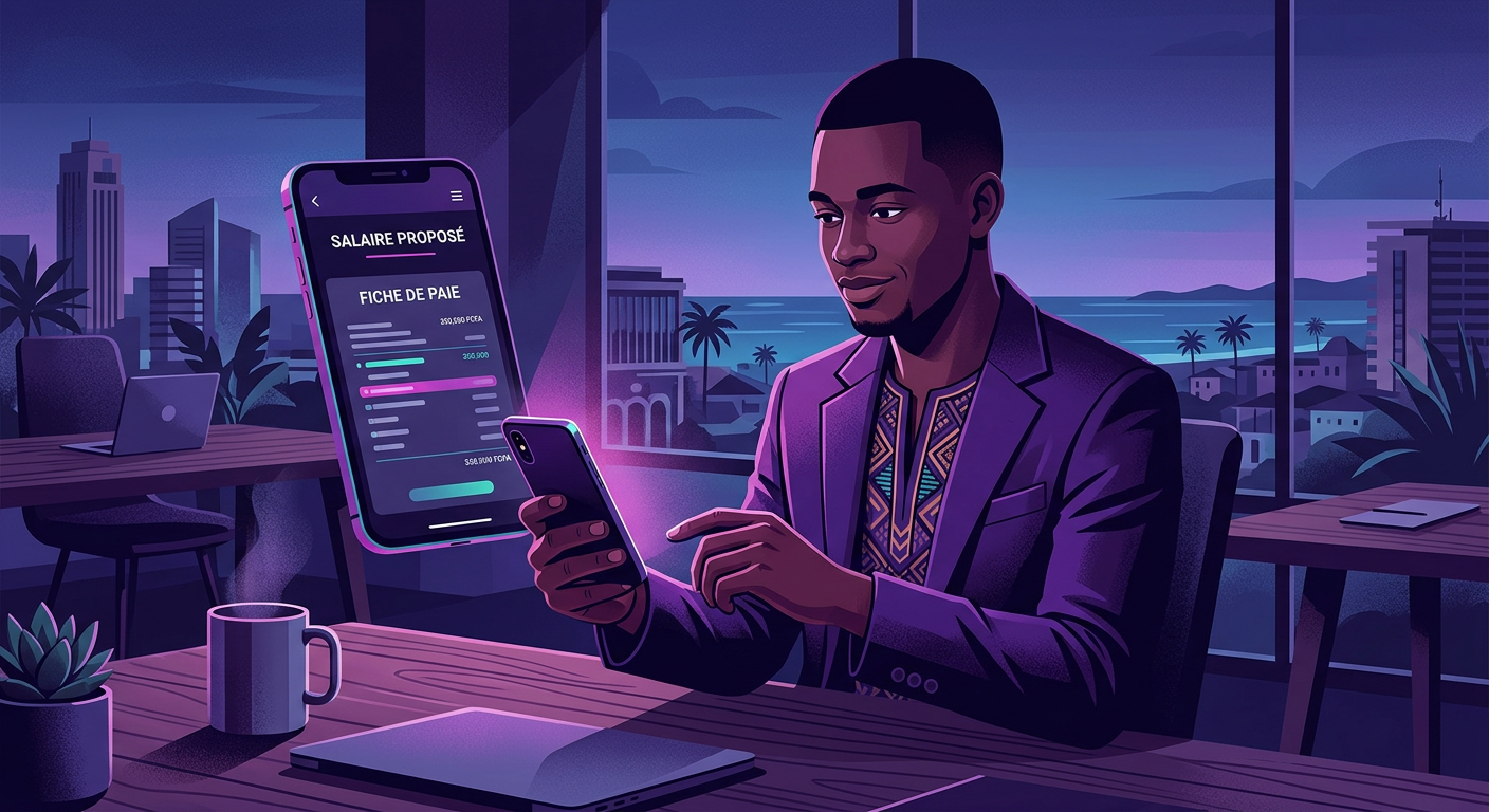 Young job seeker in Libreville checking a salary offer and payslip on a smartpho