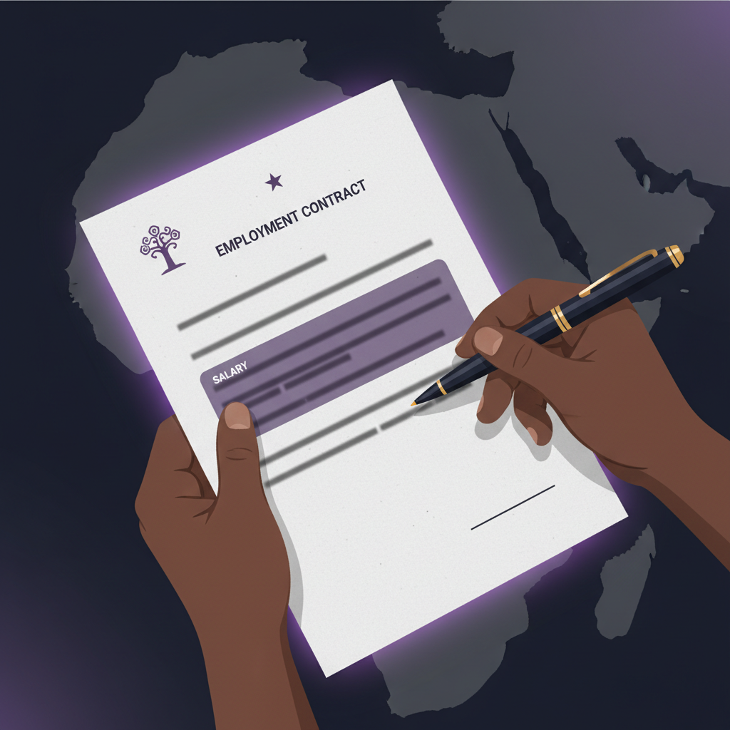 Close-up of a person's hands holding a Malian employment contract and a pen, hig