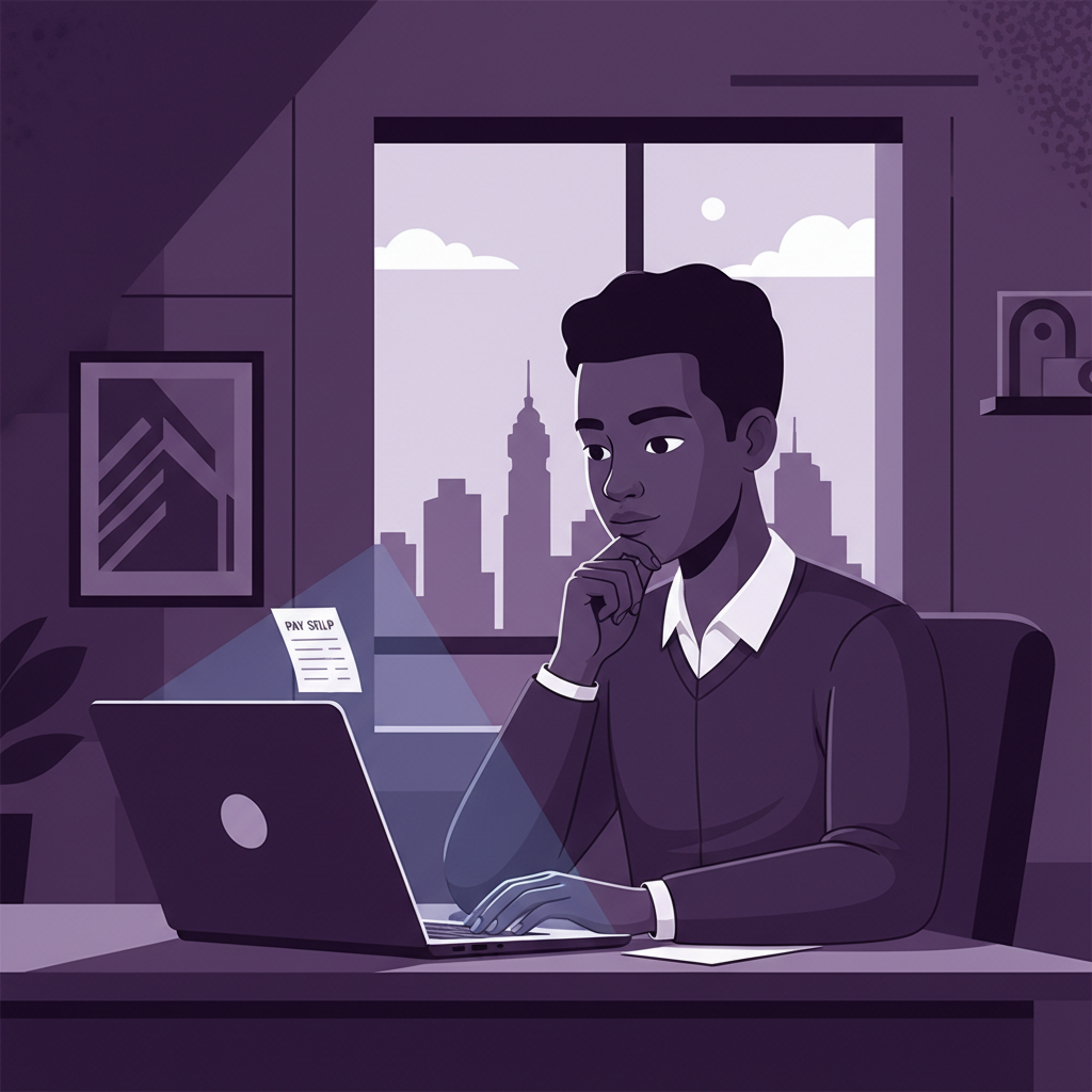A young professional in a Dakar office looking thoughtfully at a pay slip on the