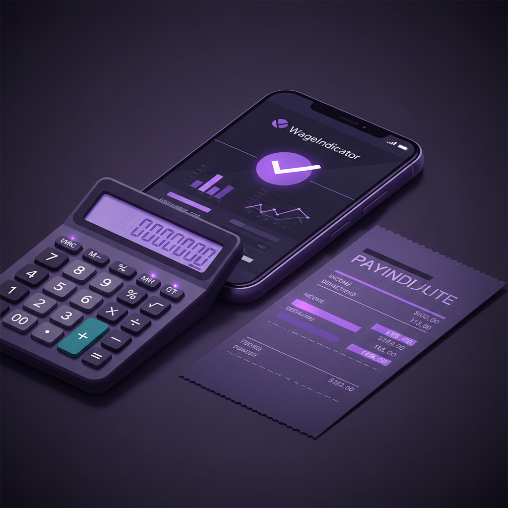 A close-up of a calculator, a pay slip with highlighted figures, and a smartphon