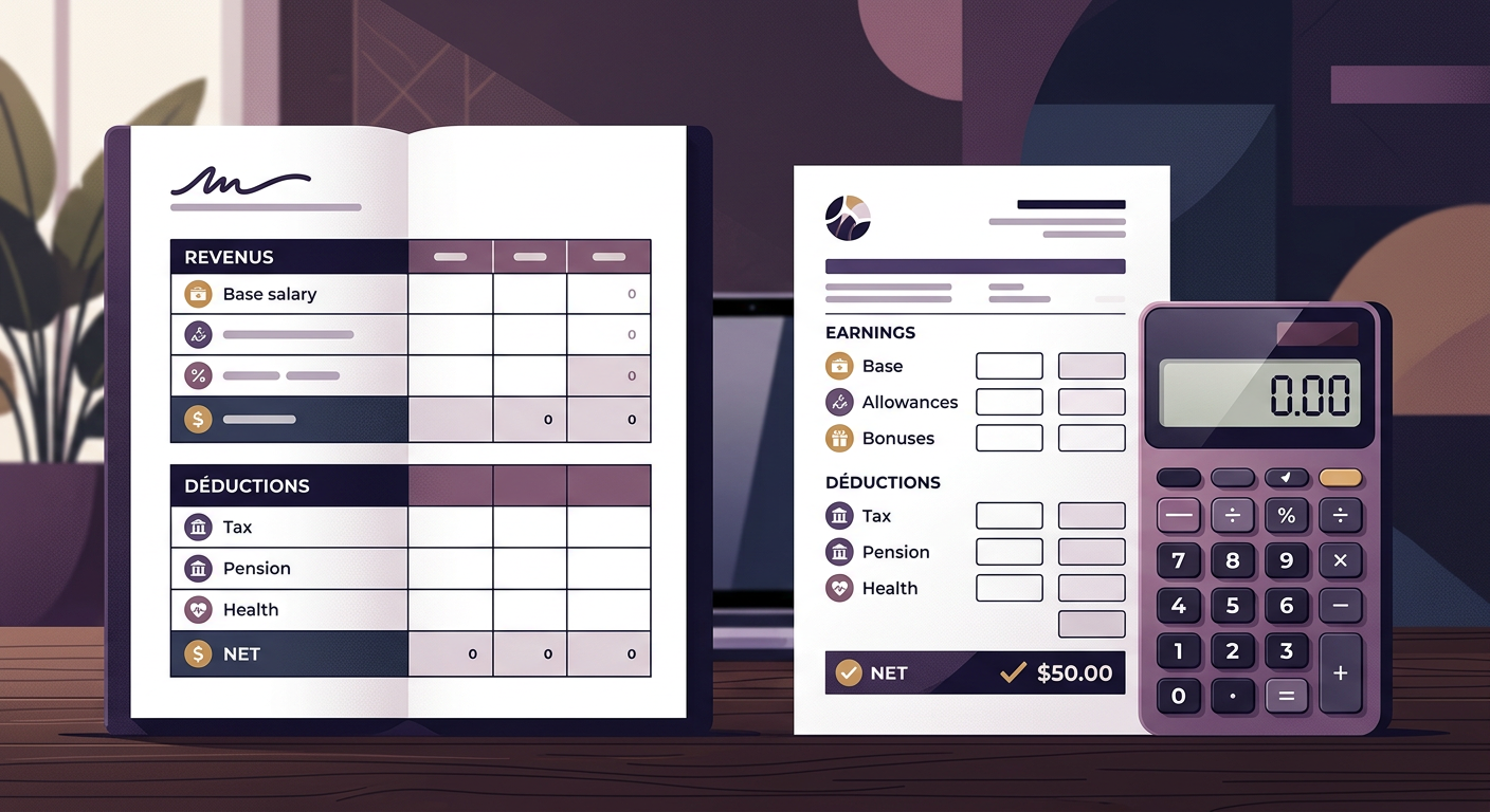 Simple salary calculation sheet beside a payslip and calculator