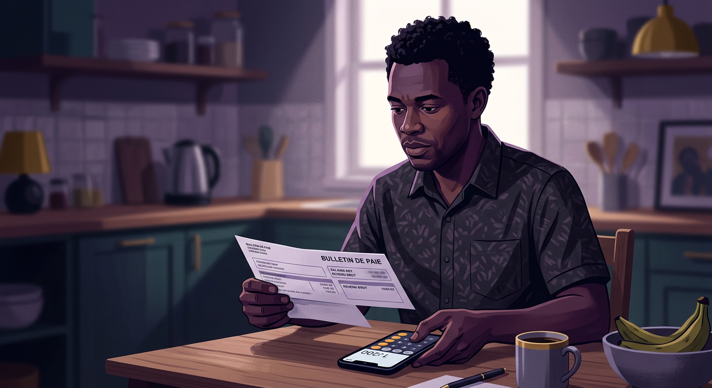 Congolese worker checking a salary slip and phone calculator at a kitchen table