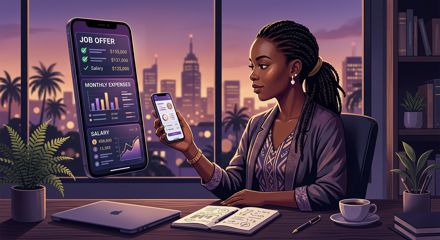 Young job seeker comparing a job offer, monthly expenses and salary notes on a s