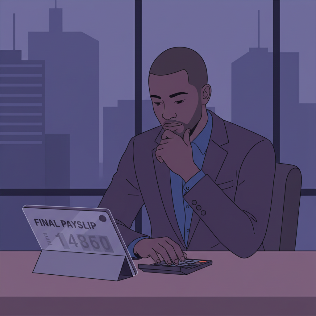 A young professional in an African office looking thoughtfully at a final paysli